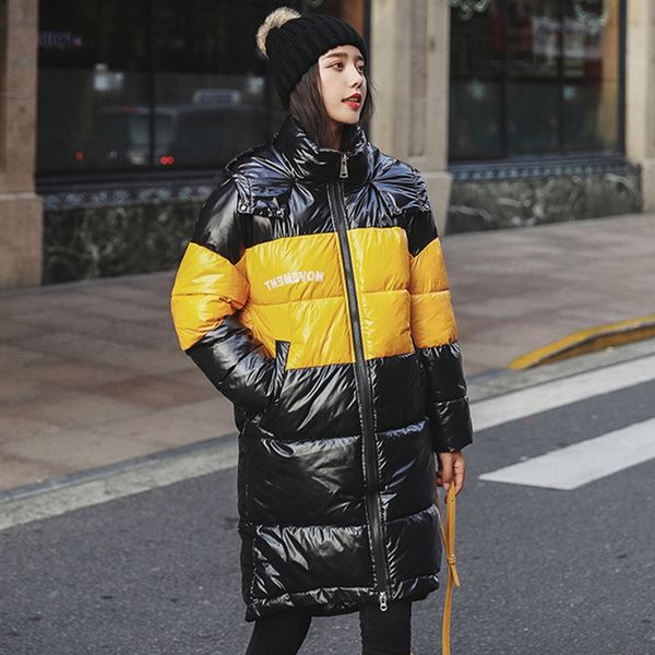

black/yellow/white long coat and jacket for winter women fashion knee-length warm loose parka female girl streetwear clothes