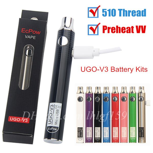 MOQ 1 Stück authentische UGO Vorheizen VV-Batterien 650 900 mAh O Pen Bud Variable Spannung Vape UGO-V3 Batterie mit USB-Ladegerät