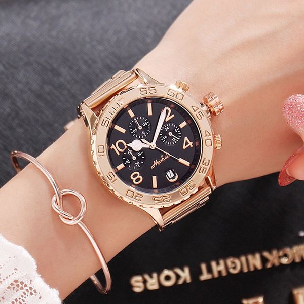 

luxury fashion big dial ladies watch personality watch gold steel strap calendar function quartz women's gift for women, Slivery;brown