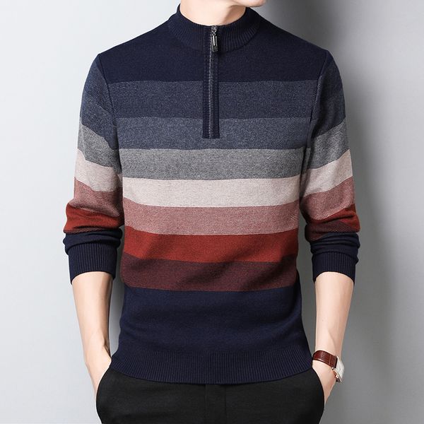 

sweater business office fashion half-high collar zipper stripe men knitted autumn winter casual simple pullover sweaters man top, White;black