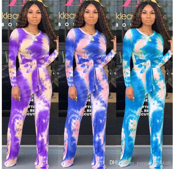 

fashion women tracksuits fashion tie dyed two piece pants casual sashes crew neck two piece sets, Gray