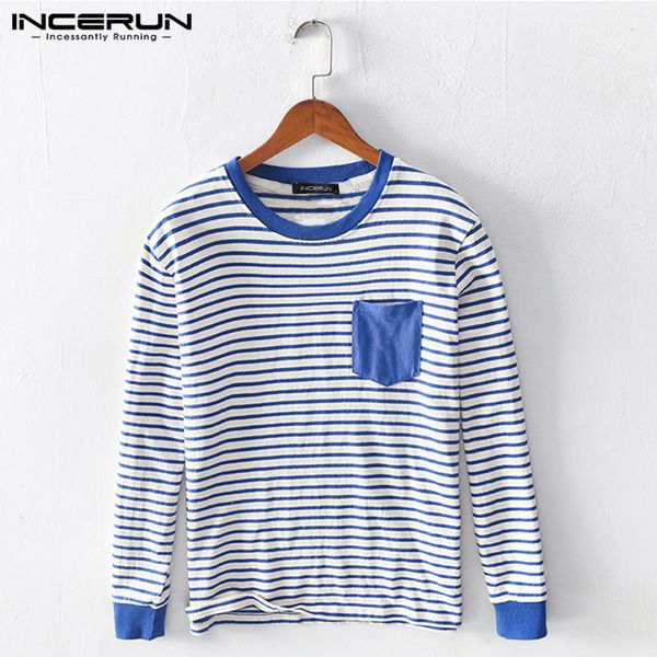 

incerun men striped t shirt basic 2020 long sleeve round neck cotton streetwear casual tee retro pockets male t-shirts 3xl, White;black