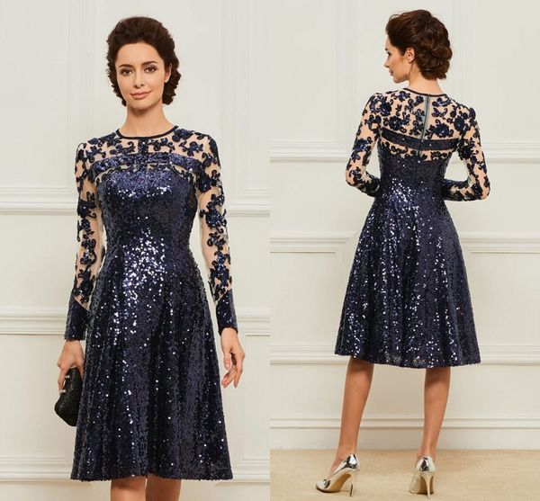 

sparkly navy sequined short 2019 mother of the bride groom dresses bateau long sleeves hollow back zipper mother evening prom dress, Black;red