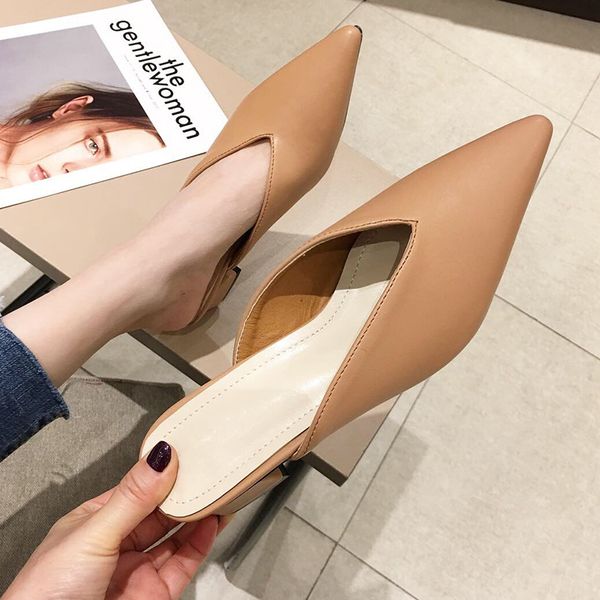 

women slippers mules woman 2020 autumn fashion square heels shoes ladies low heels women's pointed toe footwear for female, Black