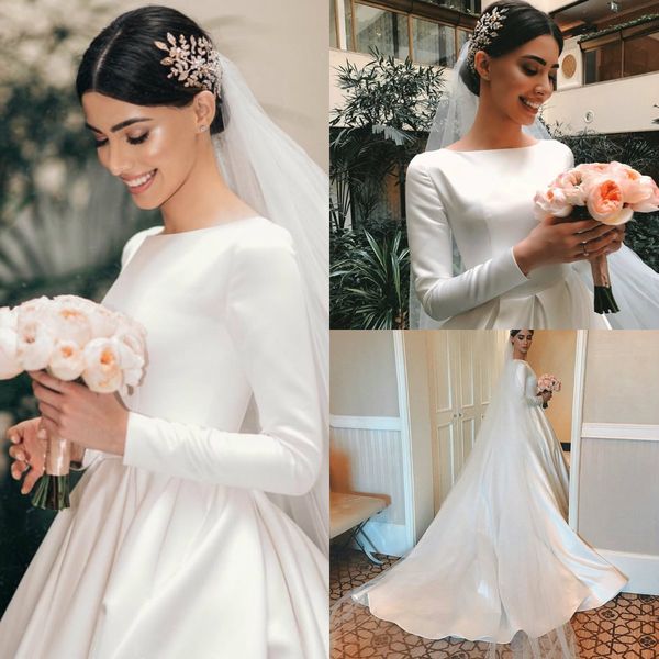 

elegant country wedding dresses a line jewel neck sweep train satin long sleeve beach wedding dress custom made brial gowns, White
