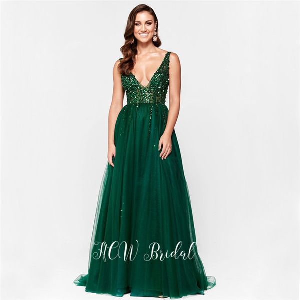 

bling beading dark green evening dress see through v neck a line backless dark green 2019 selling prom party dresses cheap, White;black