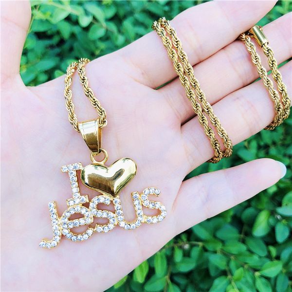 

dz религия iced out bling кристл я люблю иисус письмо любовь сердце ожерелье для женщин христианского подарка ювелирных изделий, Silver