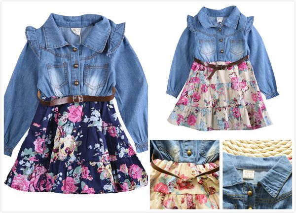 

USA Canis Toddler Kids Baby Girls Long Sleeve Party Floral Denim Dress Clothes