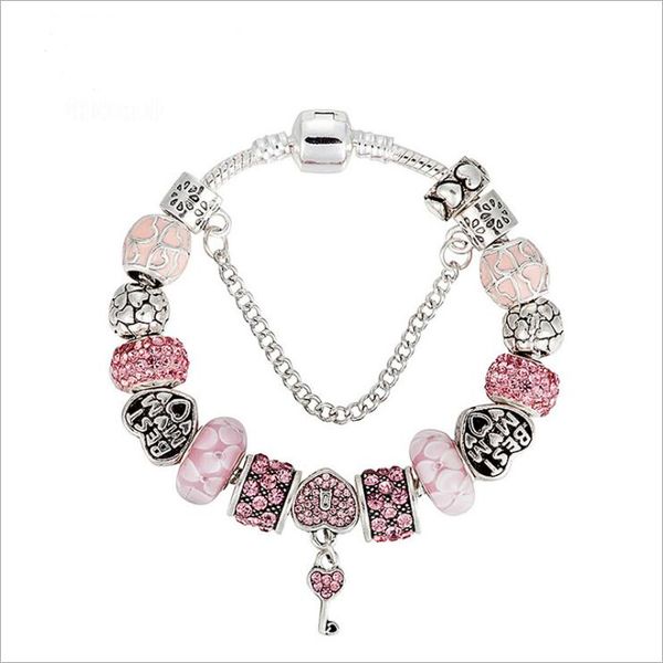 

luxury fashion brand beads bracelet diy pink beads pendant heart key bracelet for women love bracelet, Golden;silver