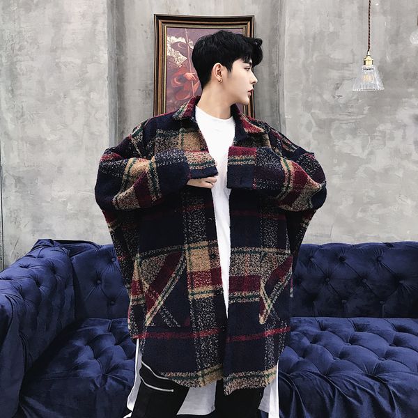 

2019 new fashion men wool coat high streetwear fashion hip hop casual loose plaid shirt jacket outerwear male, Black;brown