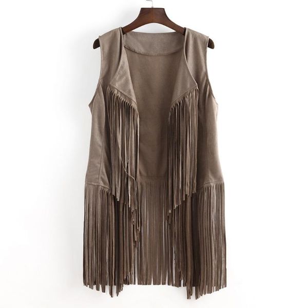 

women autumn winter suede ethnic sleeveless tassels fringed jacket coats ladies basic street coat veste femme #t1g, Black;brown