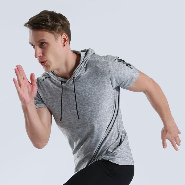

gym shirt men hooded short sleeve running shirt quick dry fitness basketball crossfit t workout training jersey, Black;blue