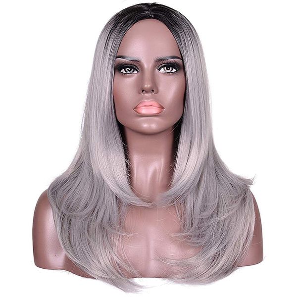 

human hair wigs women natural gray ombre 21" human hair lace front wigs wavy middle parting heat resistant synthetic hair cosplay, Black