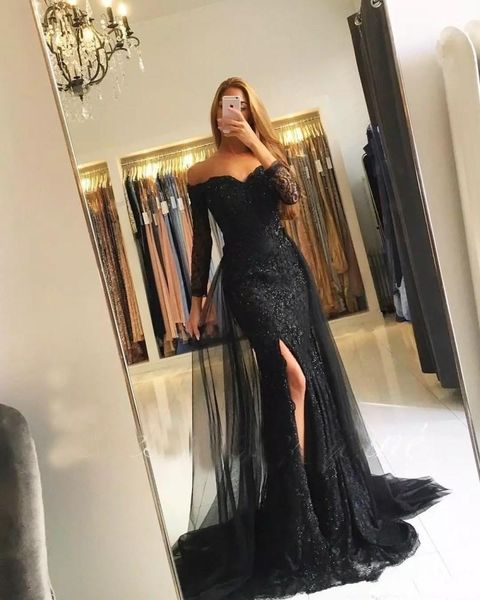 

2019 gray muslim evening dresses mermaid 3/4 sleeves lace beaded slit islamic dubai kaftan saudi arabic long evening gown, White;black