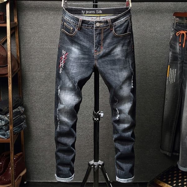 

mens designer jeans embroidered slim casual pants fashion, Blue