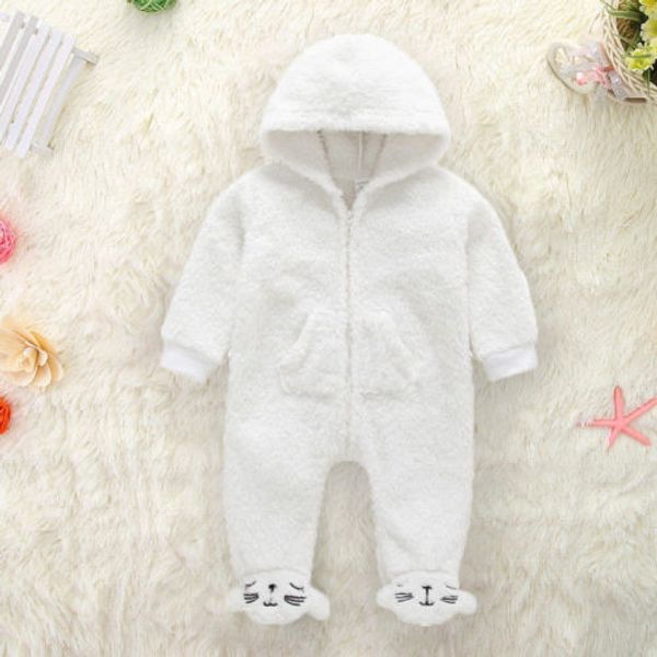 

2018 new newborn baby boy girls winter warm long sleeve hooded footies romper jumpsuit warm fur flannel outfits clothes 0-12m, White