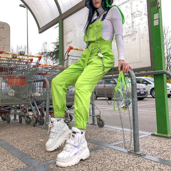 

aprilgrass brand stylish jumpsuit pockets overalls chains buckles women suspenders trousers loose streetwear capris female casual pants, Black;white
