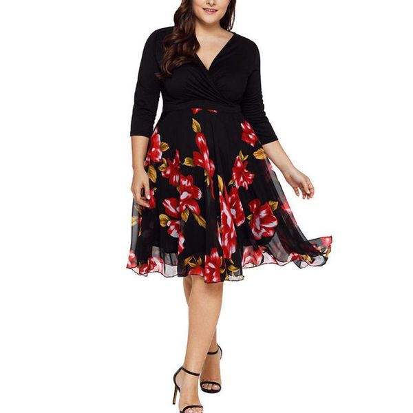 

plus size 5xl summer midi dress women vintage floral print v neck party dresses loose casual dresses vestidos, Black;gray