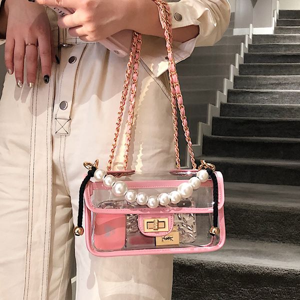 

transparent jelly bag 2019 fashion new pvc women's designer handbag pearl tote bag chain shoulder messenger bags