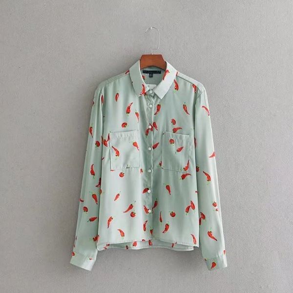 

women shirts 2020 chili printed full sleeve button up green double pocket office lady femme, White