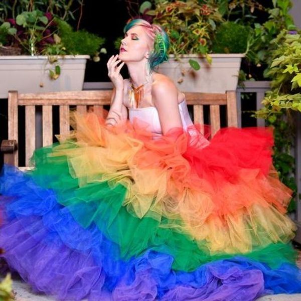 

attractive colorful rainbow prom dresses a line organza tiered evening gowns floor length detachable train skirt only, Black;red