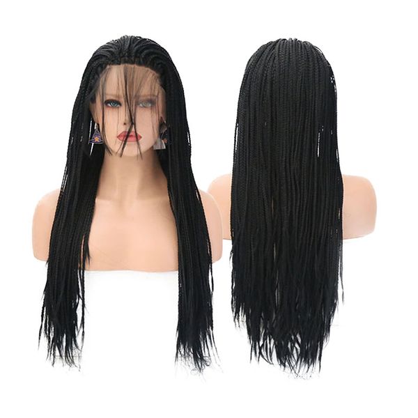 

aimeya long braided lace front wig for black women #1b black micro braids wig with baby hair heat resistant synthetic braids