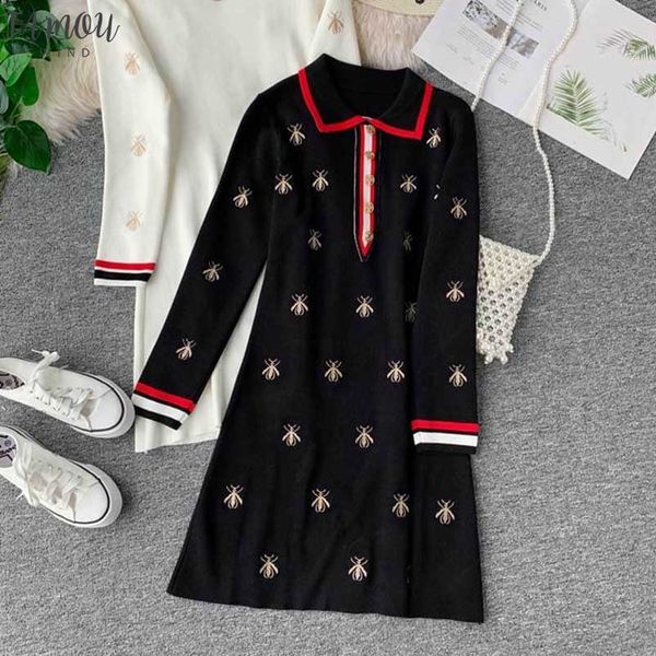 

autumn casual dresses women a-line dress embroidery bees knitted long sleeve elegant dress women clothing robe femme, Black;gray