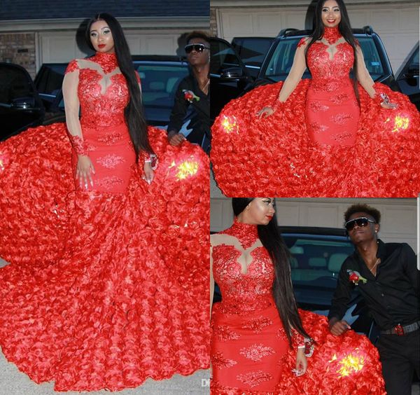 

red mermaid prom dresses 2019 new design high neck long sleeves lace appliques sweep train plus size formal evening party dresses, Black;red