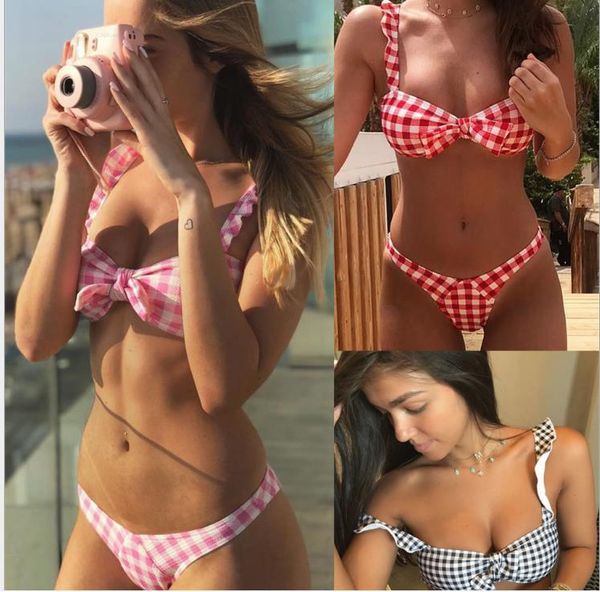 

lattice bow split bathing suit lady stripes in europe and america