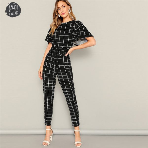 

black jumpsuit sashes sleeve belted grid print zipper flutter spring mid waist casual round neck highstreet women jumpsuits, Black;white
