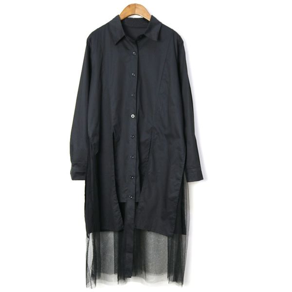 

women mesh spliced solid color split shirt dress new lapel neck long sleeve loose fit fashion spring autumn 2020 v678, Black;gray