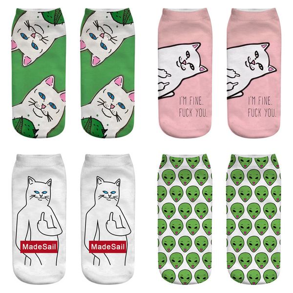

middle finger cat alien boat socks 3d printed socks women boat socks cotton cartoon animal female sock, Black;white