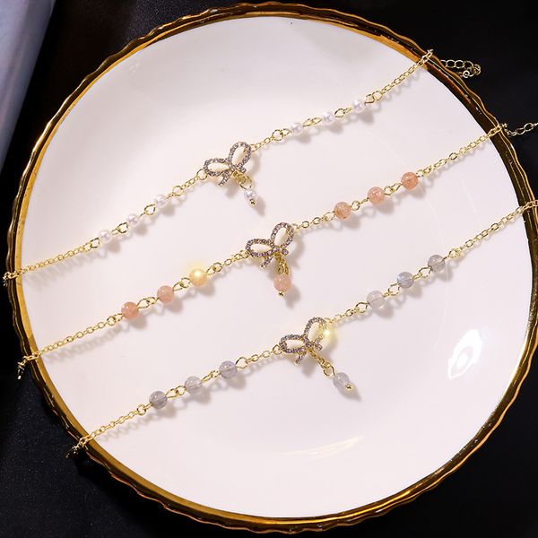 

korean sweet girl simple temperament rhinestones bow crystal imitation pearl bracelet fashion women accessories jewelry, Black