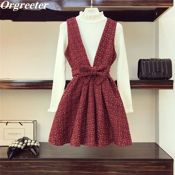

winter сладкие big bowknot tweed жилет платье и белый пуловер свитер 2 piece set red wool plaid короткое платье трикотажное top костюм, Black;pink