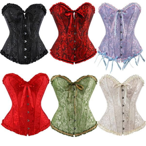 

gothic corset overbust lace up corsets women jacquard floral korset waist slimming brocade boned bustier panties, Black;white