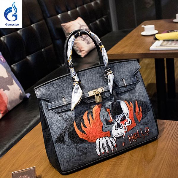 

halloween skull punk cool graffiti multicolor original design genuine leather women bags women handbag hand drawing real cowskin quality