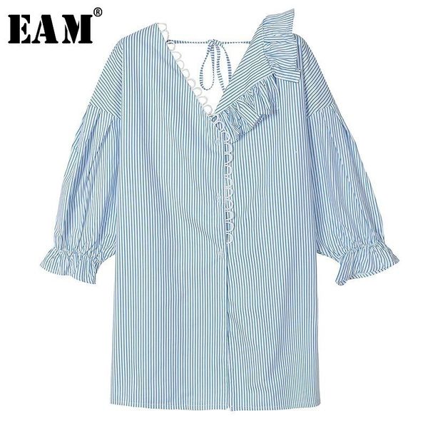 

eam] women blue striped ruffles big size blouse new v-collar long sleeve loose fit shirt fashion tide spring autumn 2020 jt287, White