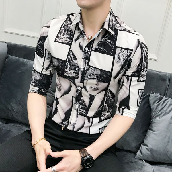 

summer men shirt personality beauty print slim fit tuxedo shirt half sleeve casual night club party dress shirts, White;black