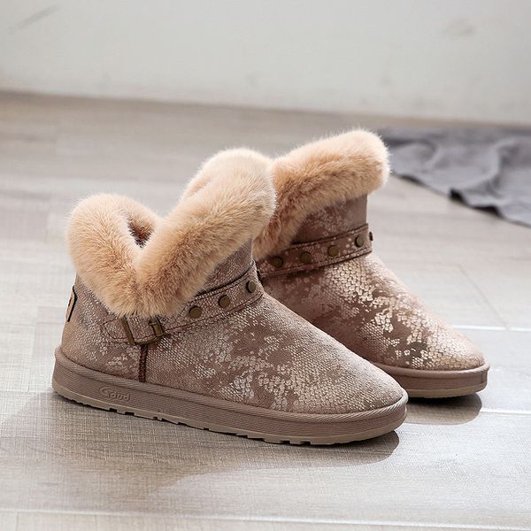 

snow boots women snake leather short plush rivet winter boots 2019 new fashion fur warm bootie femme ankle, Black