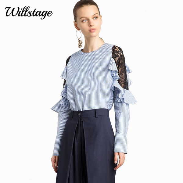 

willstage women blouse striped shirts lace patchwork zipper ruffles long sleeve 2020 autumn clothes office ladies work wear, White