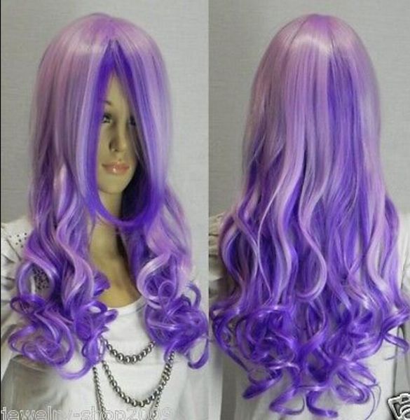 PARRUCCA trasporto libero Nuova parrucca mista viola lunga delle donne dei capelli ricci di Cosplay bella