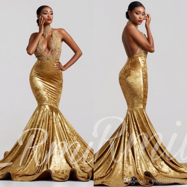 

2019 sexy high neck золотого бархат русалка пром платье backless поезд суд see through кружево аппликация вечерних вечерних платьев, Black