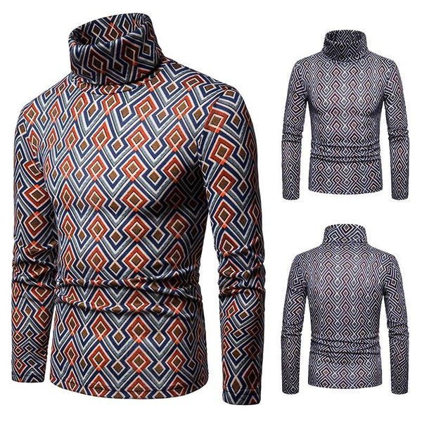 

2019 men colorful geometric patterns high collar mens pullovers sweaters,2 colors black & orange, eu size s~xxl, White;black