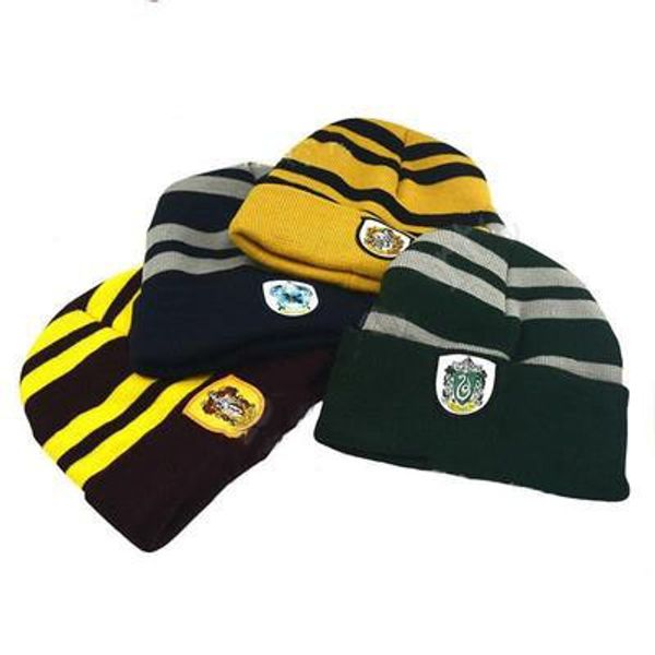 

4 colors harry potter cosplay school striped badge hats winter warm elastic knitted hat gryffindor beanie cap dhl an2680