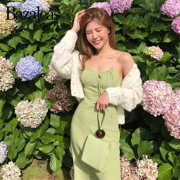 

bazaleas vintage anise dots print green summer dress france spaghetti straps midi dress fashion vestidos slim drop shipping, Black;pink
