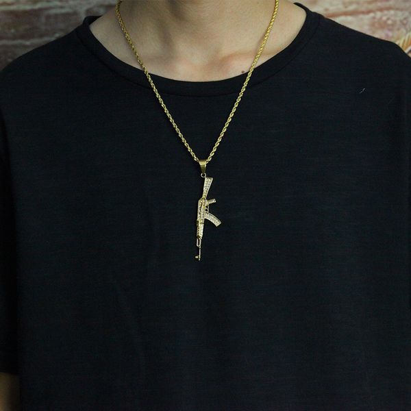 

cuban link chains 2019 men's and women's hip-hop stainless steel machine gun pendant color protection electroplating stone inlaid, Silver