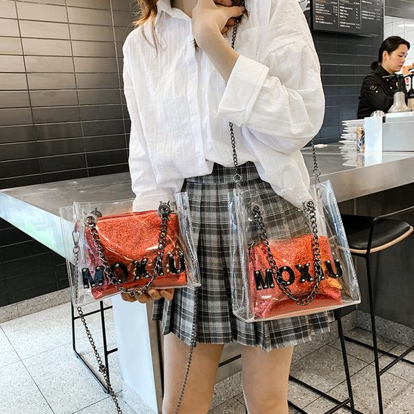 

summer transparent baonu 2018 new korean version sequins, mother jelly, chain bucket bag