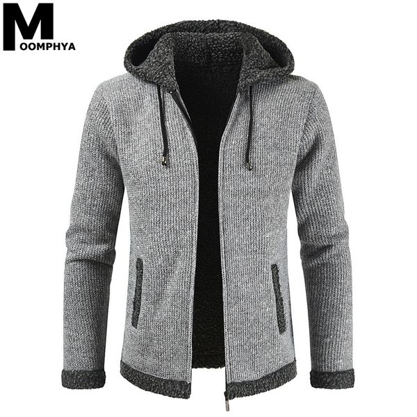 

moomphya winter knitted hooded men sweater jacket coat turtleneck men zipper cardigan sweater casual mens sweaters for 2019, White;black