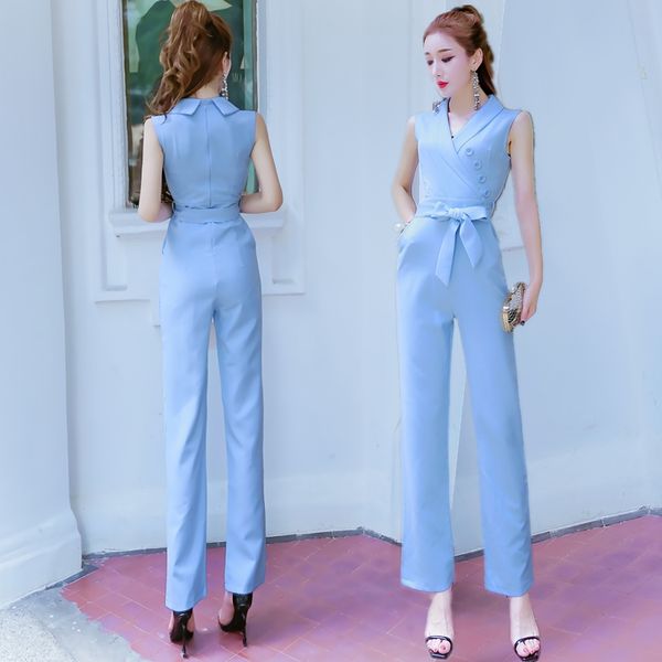 

fashion women's suit collar drape trousers new slim high waist straight casual chiffon jumpsuit summer slim fit female pants, Black;white