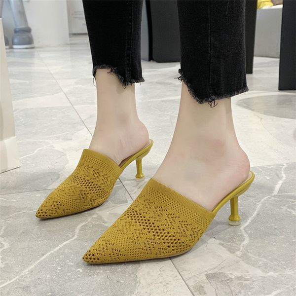 

hkxn 2020 spring new slides women's high-heeled shoes fine heel mules flight knit outer wear pointed toe slippers zapatos mujer, Black